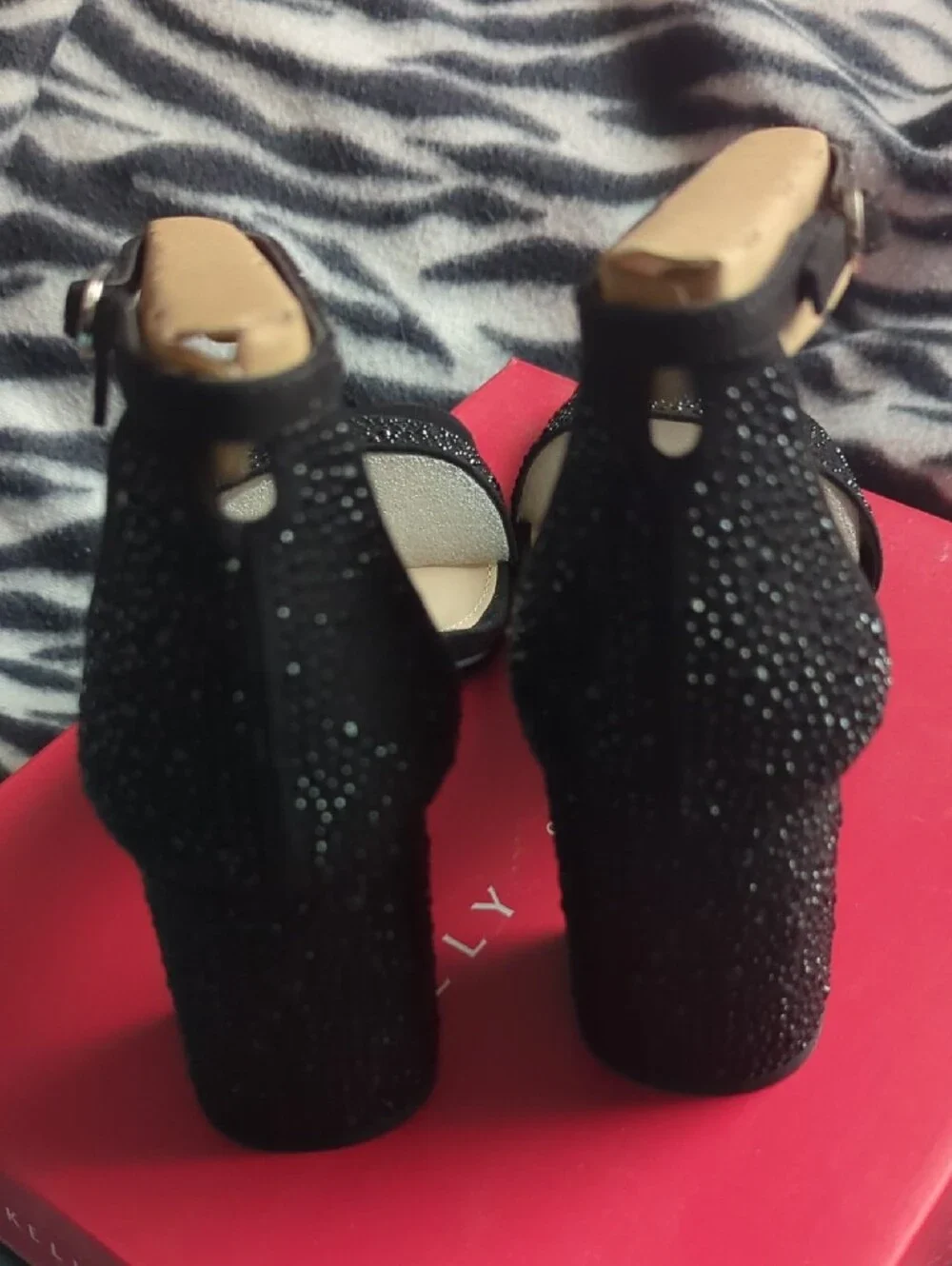 Kelly & Katie Black Sparkle Ankle-Strap Block Heels